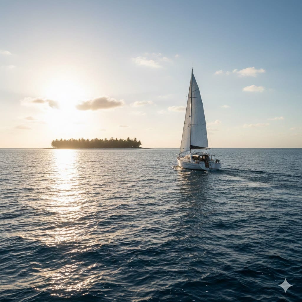 Cruising yacht at sunset on open water
